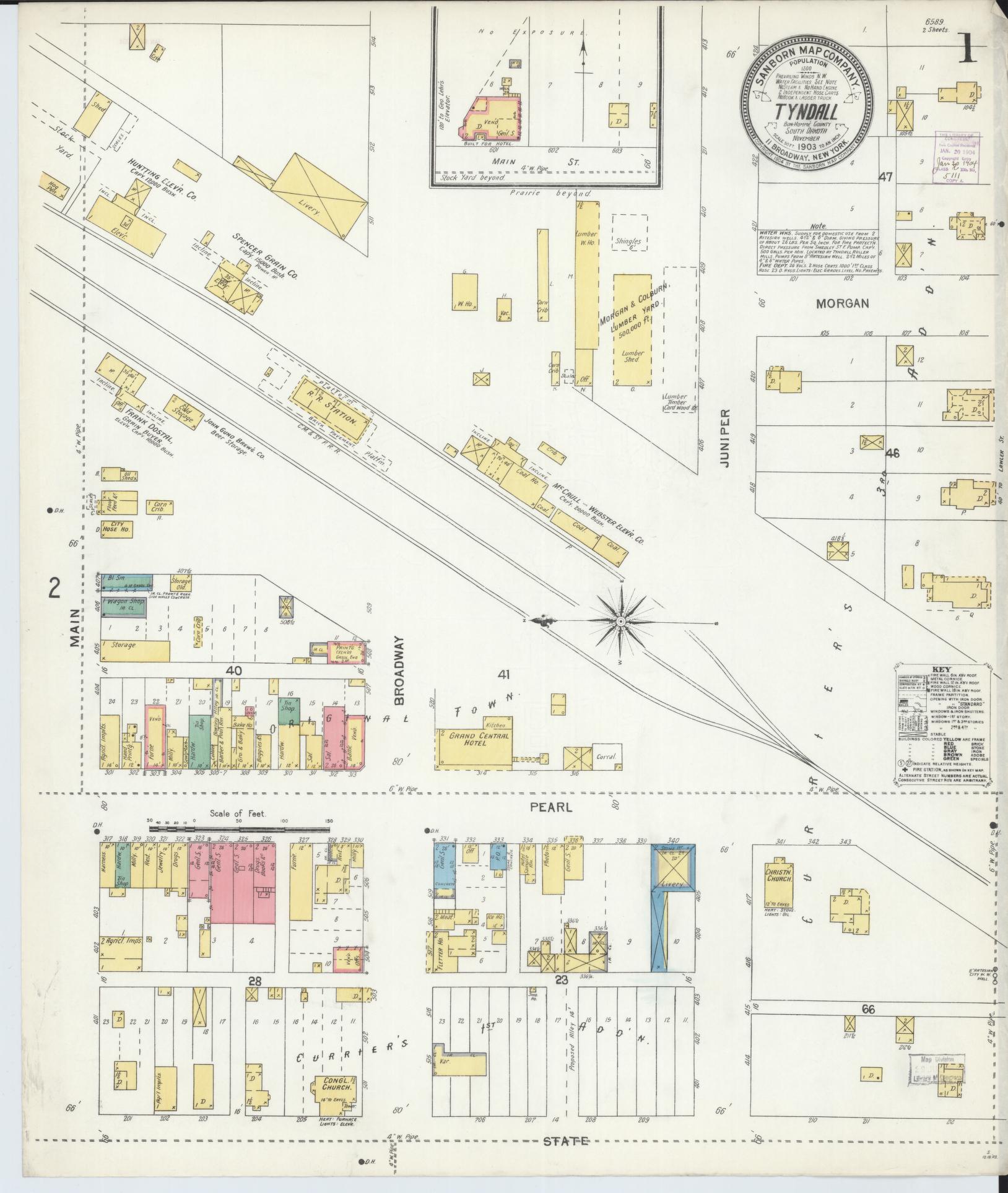 Sanborn Fire Insurance Map from Tyndall, Bon Homme County, South Dakota (1903), Sheet #0001 - Complete Map Set gallery image, historic Sanborn map, vintage wall art, South Dakota South Dakota