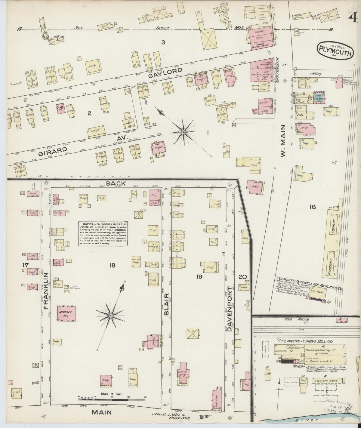 Sanborn Fire Insurance Map from Plymouth, Luzerne County, Pennsylvania (1884), Sheet #0004 - Historic Sanborn Fire Insurance Map Print, vintage old map wall art, antique decor, genealogy gift, Pennsylvania Pennsylvania map
