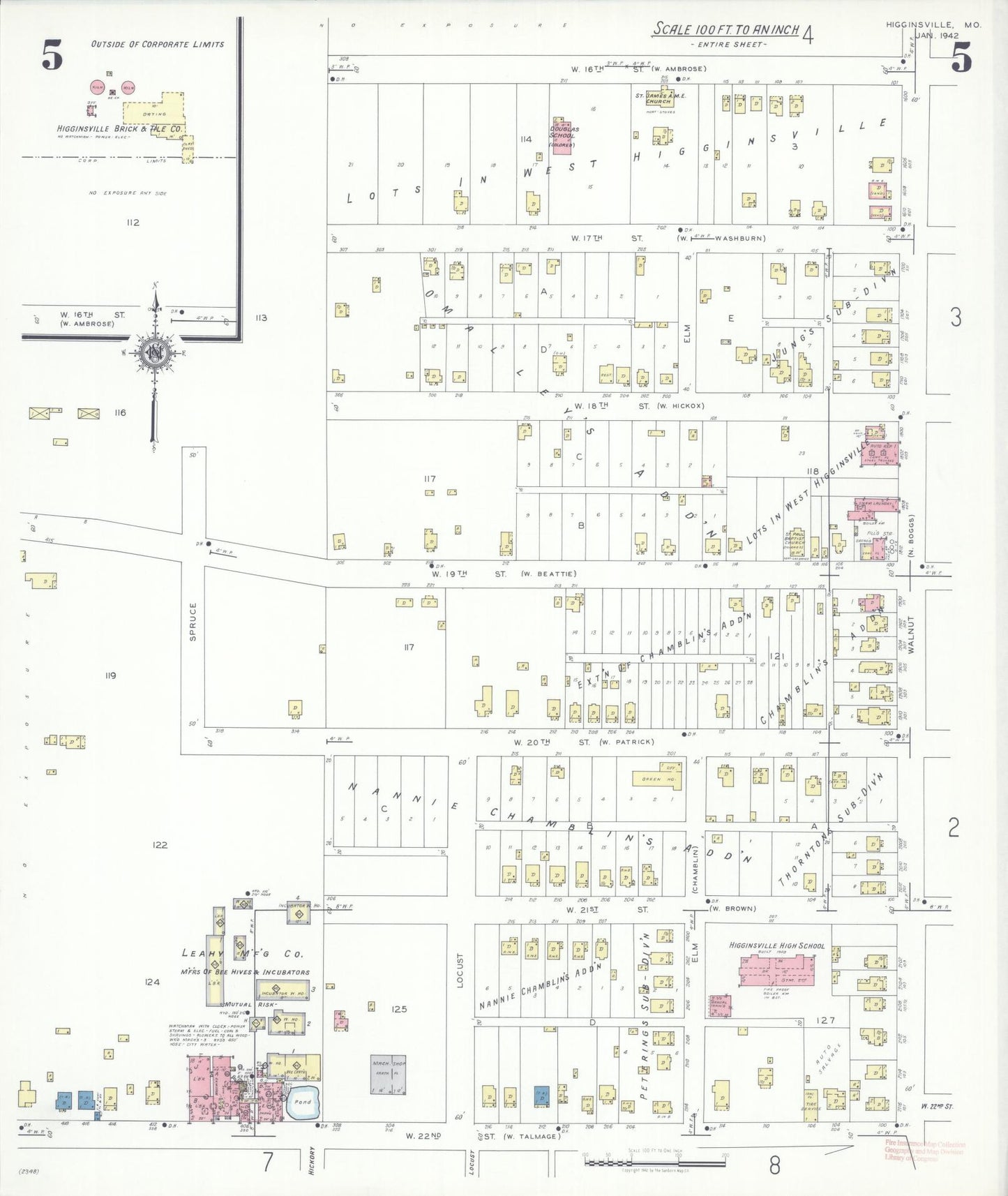 Sanborn Fire Insurance Map from Higginsville, Lafayette County, Missouri (1942), Sheet #0005 - Complete Map Set gallery image, historic Sanborn map, vintage wall art, Missouri Missouri