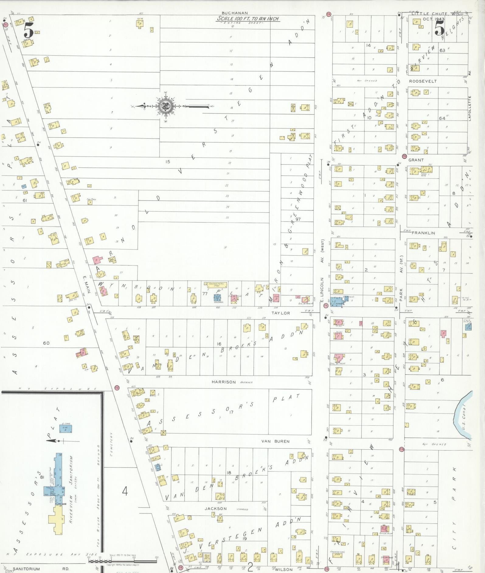 Sanborn Fire Insurance Map from Little Chute, Outagamie County, Wisconsin (1943), Sheet #0005 - Historic Sanborn Fire Insurance Map Print, vintage old map wall art, antique decor, genealogy gift, Wisconsin Wisconsin map