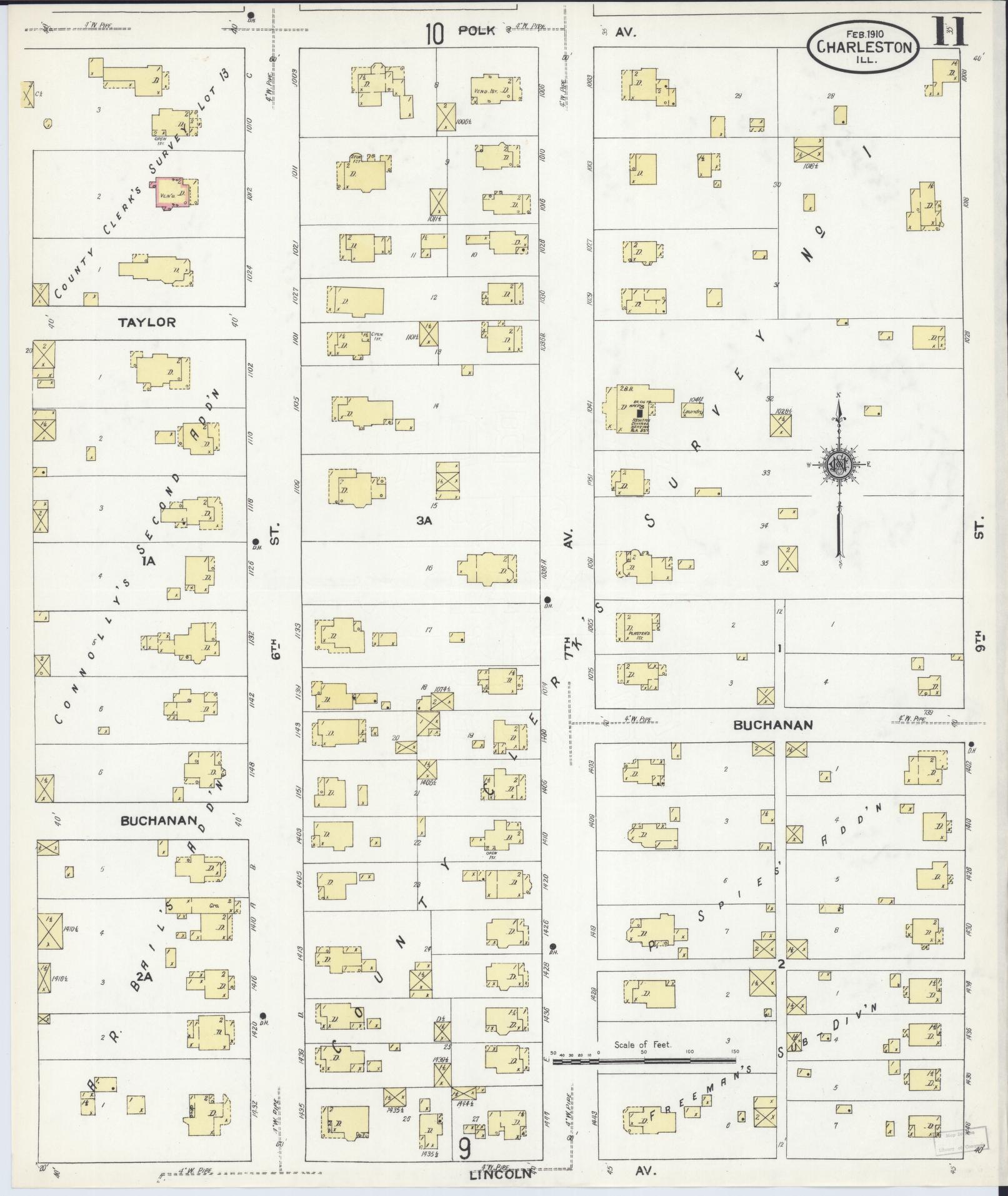 Sanborn Fire Insurance Map from Charleston, Coles County, Illinois (1910), Sheet #0011 - Complete Map Set gallery image, historic Sanborn map, vintage wall art, Illinois Illinois