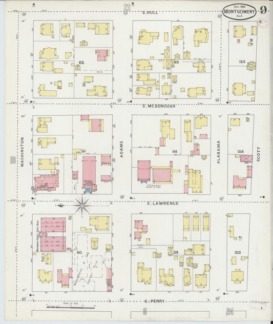 Sanborn Fire Insurance Map from Montgomery, Montgomery County, Alabama (1894), Sheet #0009 - Historic Sanborn Fire Insurance Map Print, vintage old map wall art, antique decor, genealogy gift, Alabama Alabama map