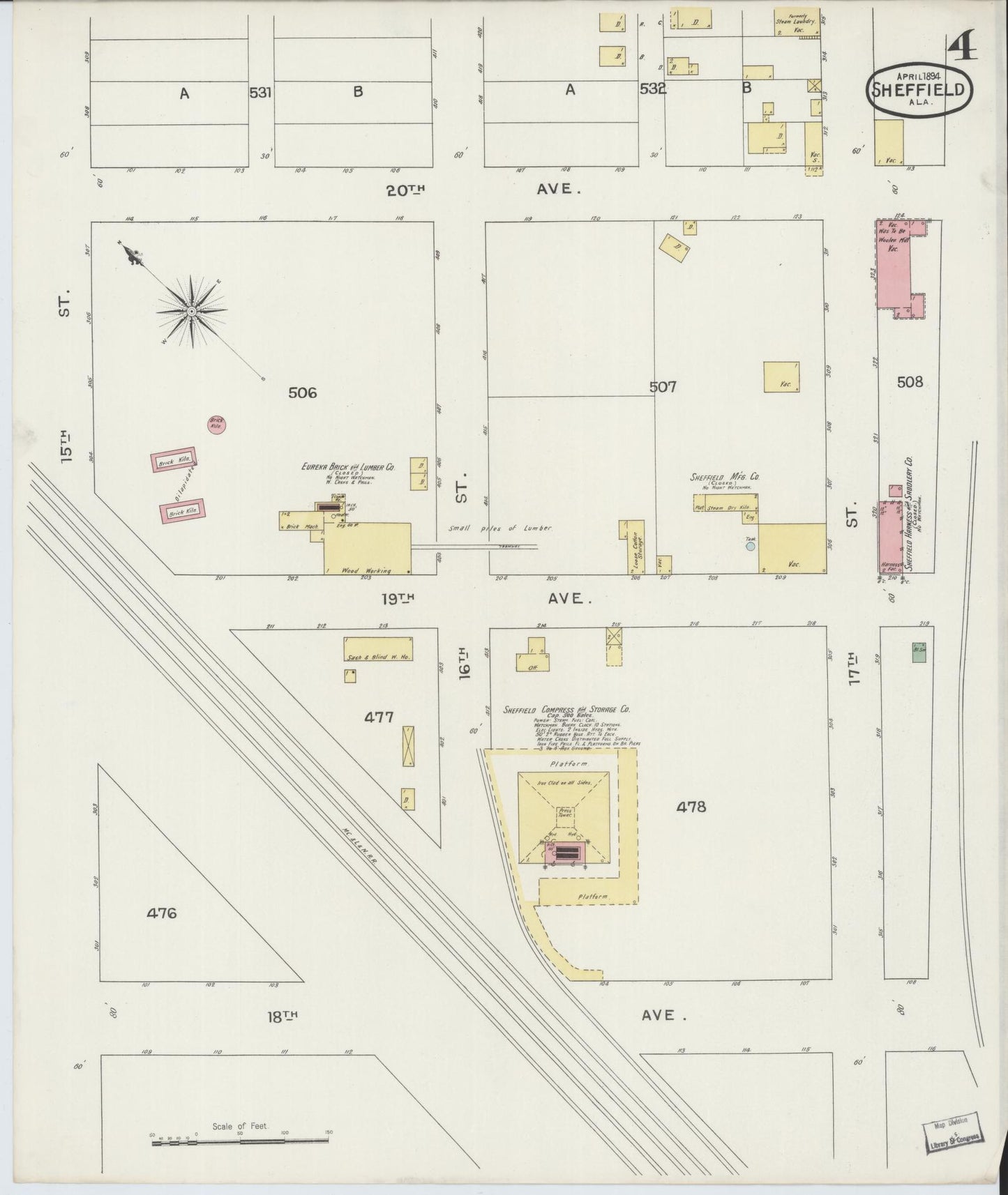 Sanborn Fire Insurance Map from Sheffield, Colbert County, Alabama (1894), Sheet #0004 - Complete Map Set gallery image, historic Sanborn map, vintage wall art, Alabama Alabama