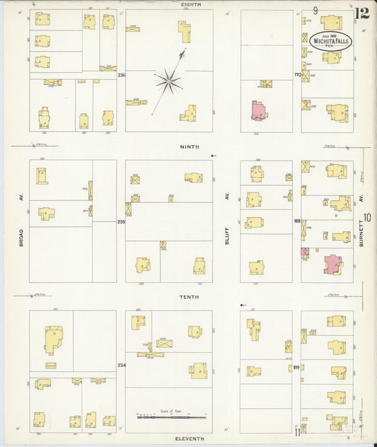 Sanborn Fire Insurance Map from Wichita Falls, Wichita County, Texas (1908), Sheet #0012 - Historic Sanborn Fire Insurance Map Print, vintage old map wall art, antique decor, genealogy gift, Texas Texas map