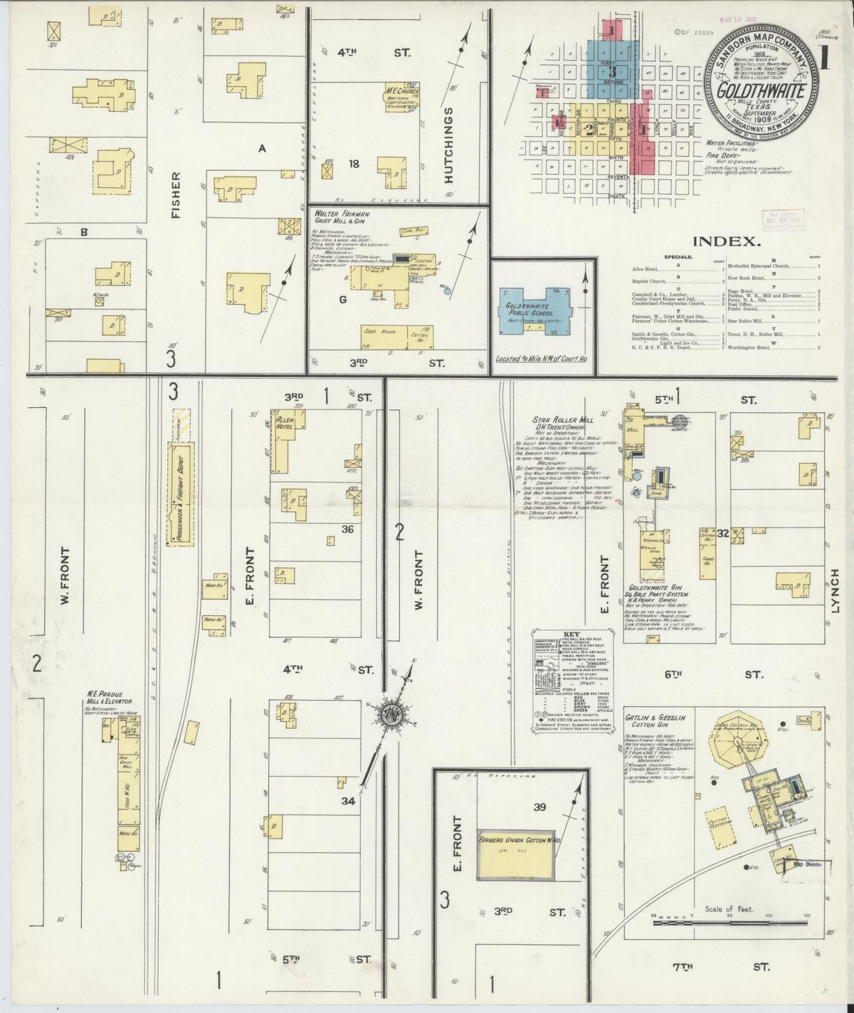 Sanborn Fire Insurance Map from Goldthwaite, Mills County, Texas (1909), Sheet #0001 - Complete Map Set gallery image, historic Sanborn map, vintage wall art, Texas Texas