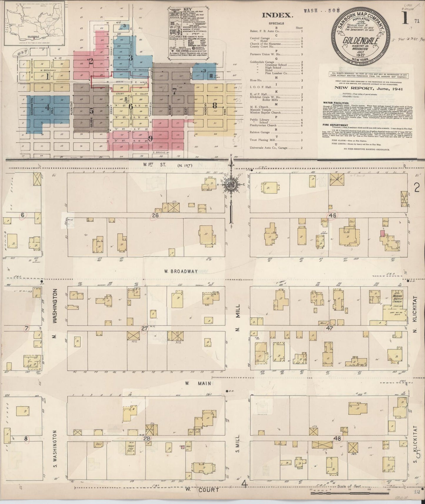 Sanborn Fire Insurance Map from Goldendale, Klickitat County, Washington (1941), Sheet #0001 - Complete Map Set gallery image, historic Sanborn map, vintage wall art, Washington Washington