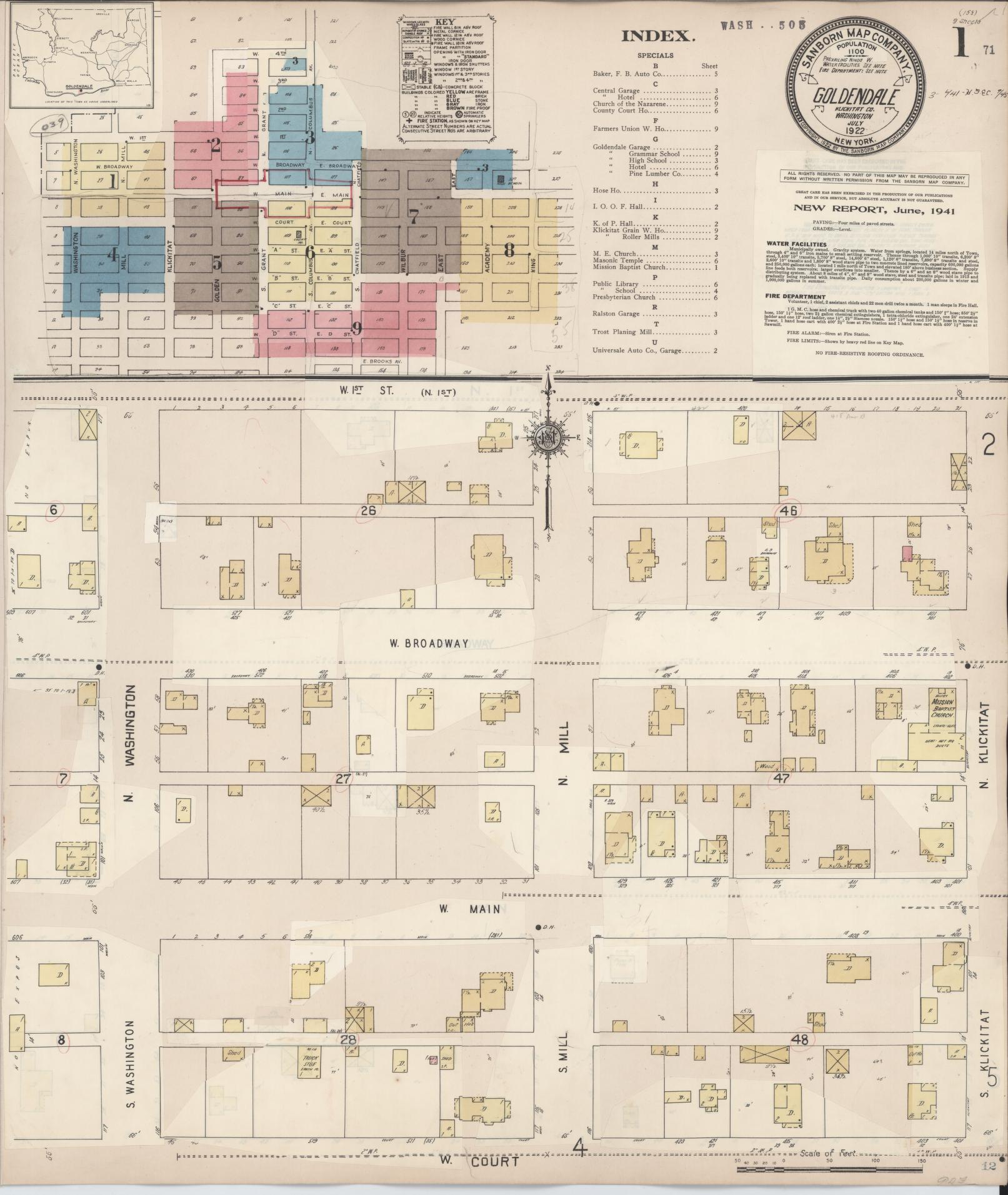 Sanborn Fire Insurance Map from Goldendale, Klickitat County, Washington (1941), Sheet #0001 - Complete Map Set gallery image, historic Sanborn map, vintage wall art, Washington Washington