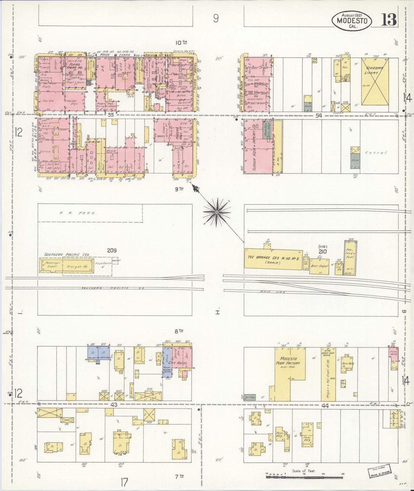 Sanborn Fire Insurance Map from Modesto, Stanislaus County, California (1907), Sheet #0013 - Complete Map Set gallery image, historic Sanborn map, vintage wall art, California California