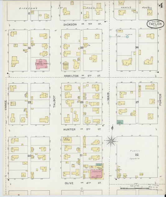 Sanborn Fire Insurance Map from Taylor, Williamson County, Texas (1893), Sheet #0004 - Historic Sanborn Fire Insurance Map Print, vintage old map wall art, antique decor, genealogy gift, Texas Texas map