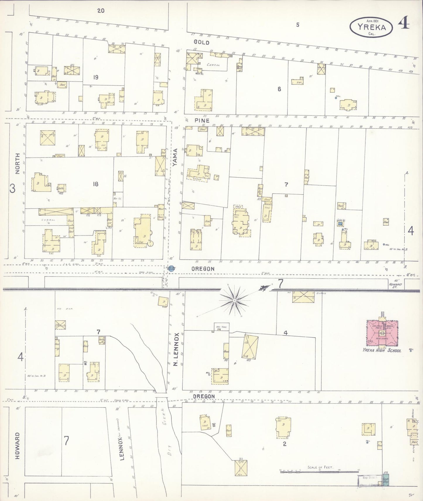 Sanborn Fire Insurance Map from Yreka, Siskiyou County, California (1901), Sheet #0004 - Complete Map Set gallery image, historic Sanborn map, vintage wall art, California California