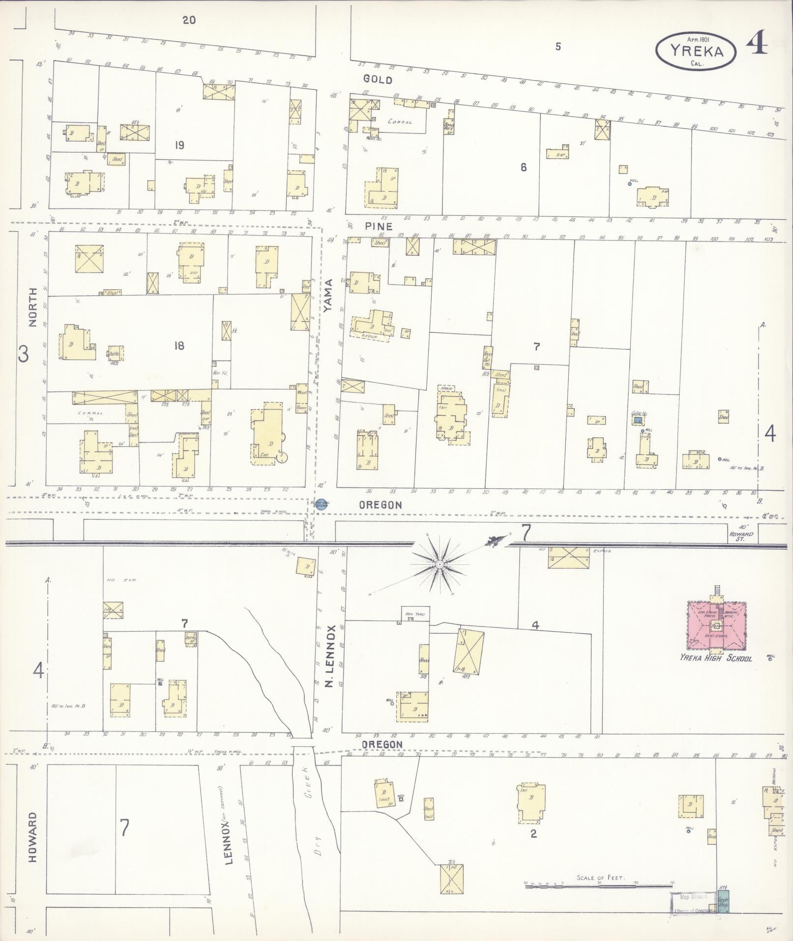 Sanborn Fire Insurance Map from Yreka, Siskiyou County, California (1901), Sheet #0004 - Complete Map Set gallery image, historic Sanborn map, vintage wall art, California California