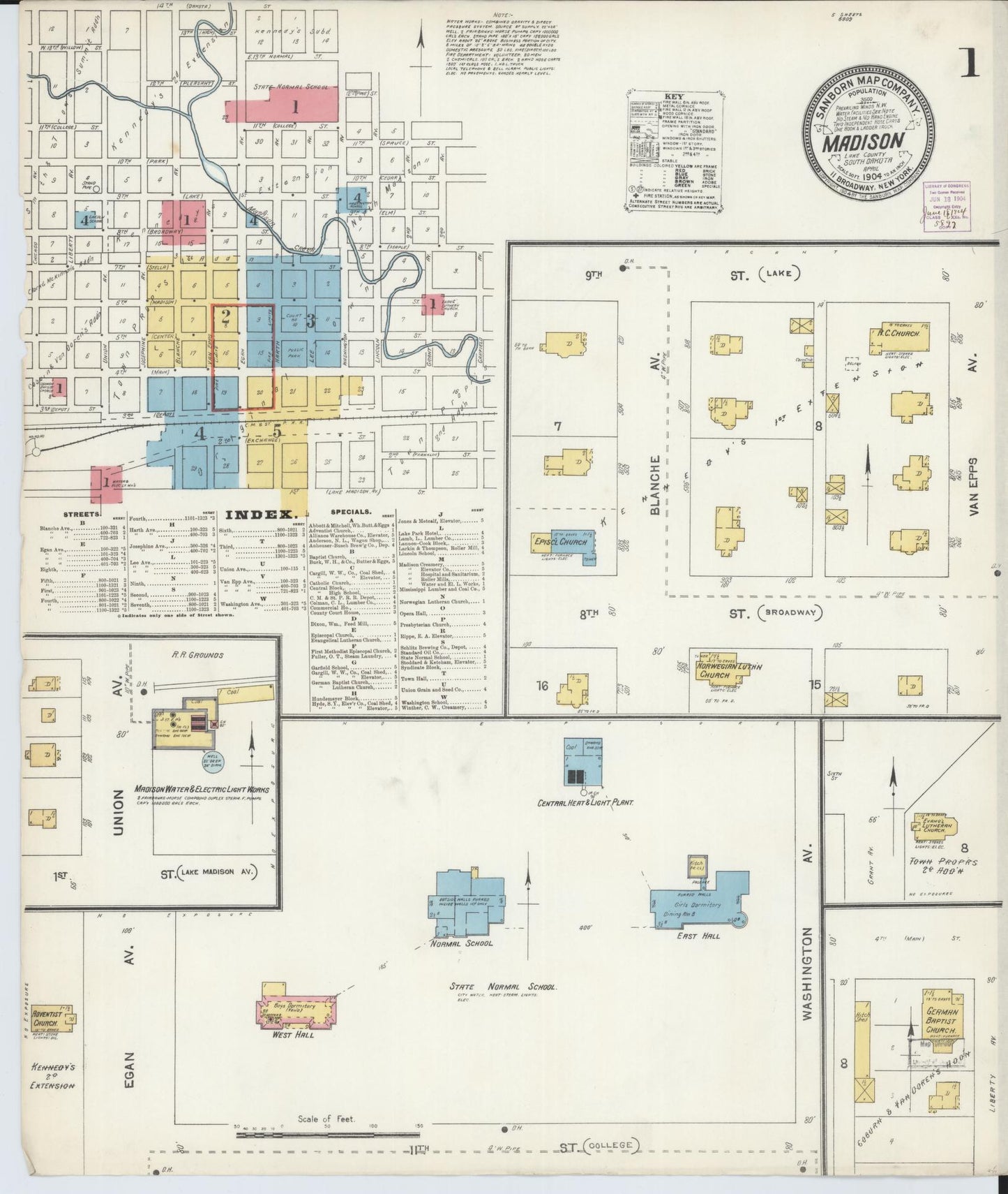 Sanborn Fire Insurance Map from Madison, Lake County, South Dakota (1904), Sheet #0001 - Complete Map Set gallery image, historic Sanborn map, vintage wall art, South Dakota South Dakota