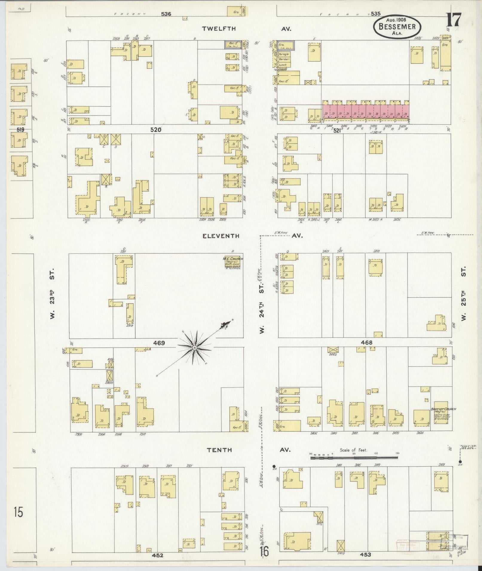 Sanborn Fire Insurance Map from Bessemer, Jefferson County, Alabama (1908), Sheet #0017 - Complete Map Set gallery image, historic Sanborn map, vintage wall art, Alabama Alabama
