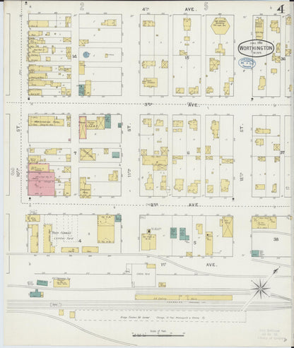 Sanborn Fire Insurance Map from Worthington, Nobles County, Minnesota (1894), Sheet #0004 - Historic Sanborn Fire Insurance Map Print, vintage old map wall art, antique decor, genealogy gift, Minnesota Minnesota map