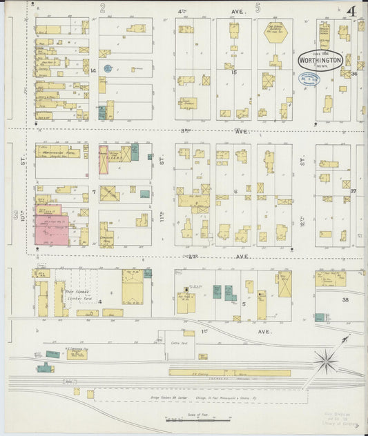 Sanborn Fire Insurance Map from Worthington, Nobles County, Minnesota (1894), Sheet #0004 - Historic Sanborn Fire Insurance Map Print, vintage old map wall art, antique decor, genealogy gift, Minnesota Minnesota map
