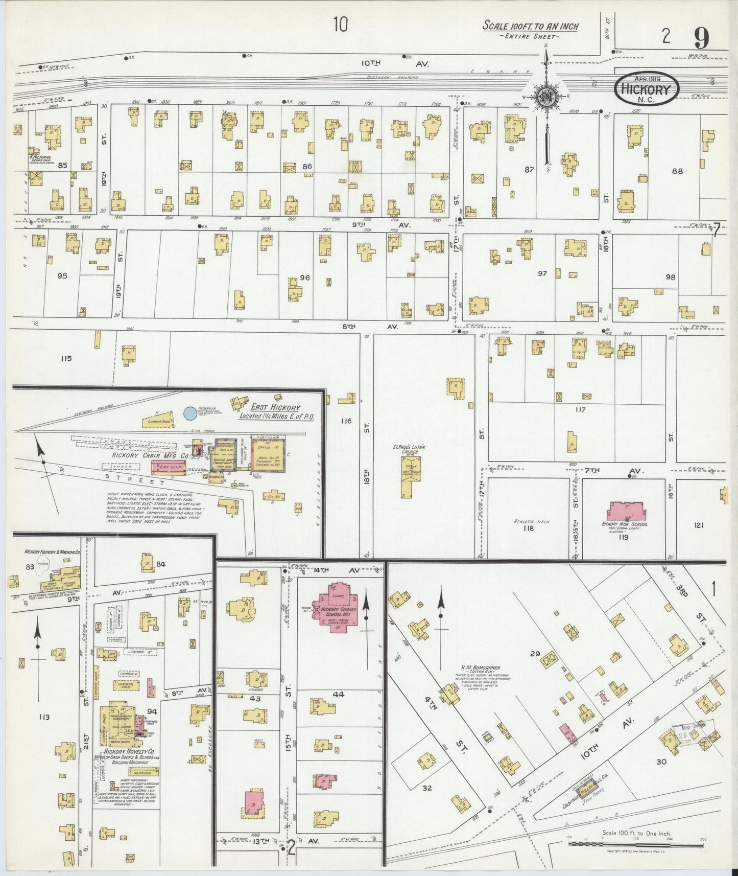 Sanborn Fire Insurance Map from Hickory, Catawba County, North Carolina (1919), Sheet #0009 - Historic Sanborn Fire Insurance Map Print, vintage old map wall art, antique decor, genealogy gift, North Carolina North Carolina map