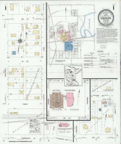 Sanborn Fire Insurance Map from Sherburn, Martin County, Minnesota (1928), Sheet #0001 - Complete Map Set gallery image, historic Sanborn map, vintage wall art, Minnesota Minnesota