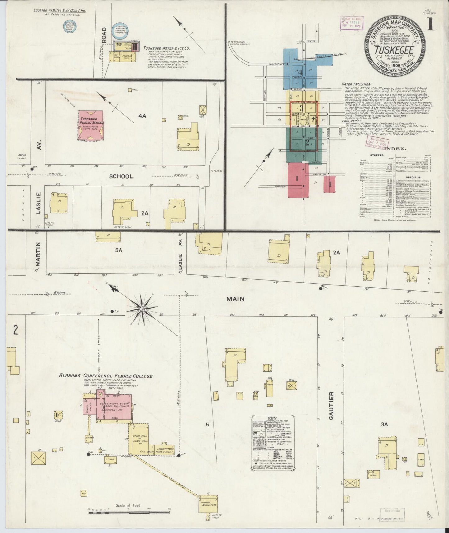 Sanborn Fire Insurance Map from Tuskegee, Macon County, Alabama (1909), Sheet #0001 - Historic Sanborn Fire Insurance Map Print, vintage old map wall art, antique decor, genealogy gift, Alabama Alabama map