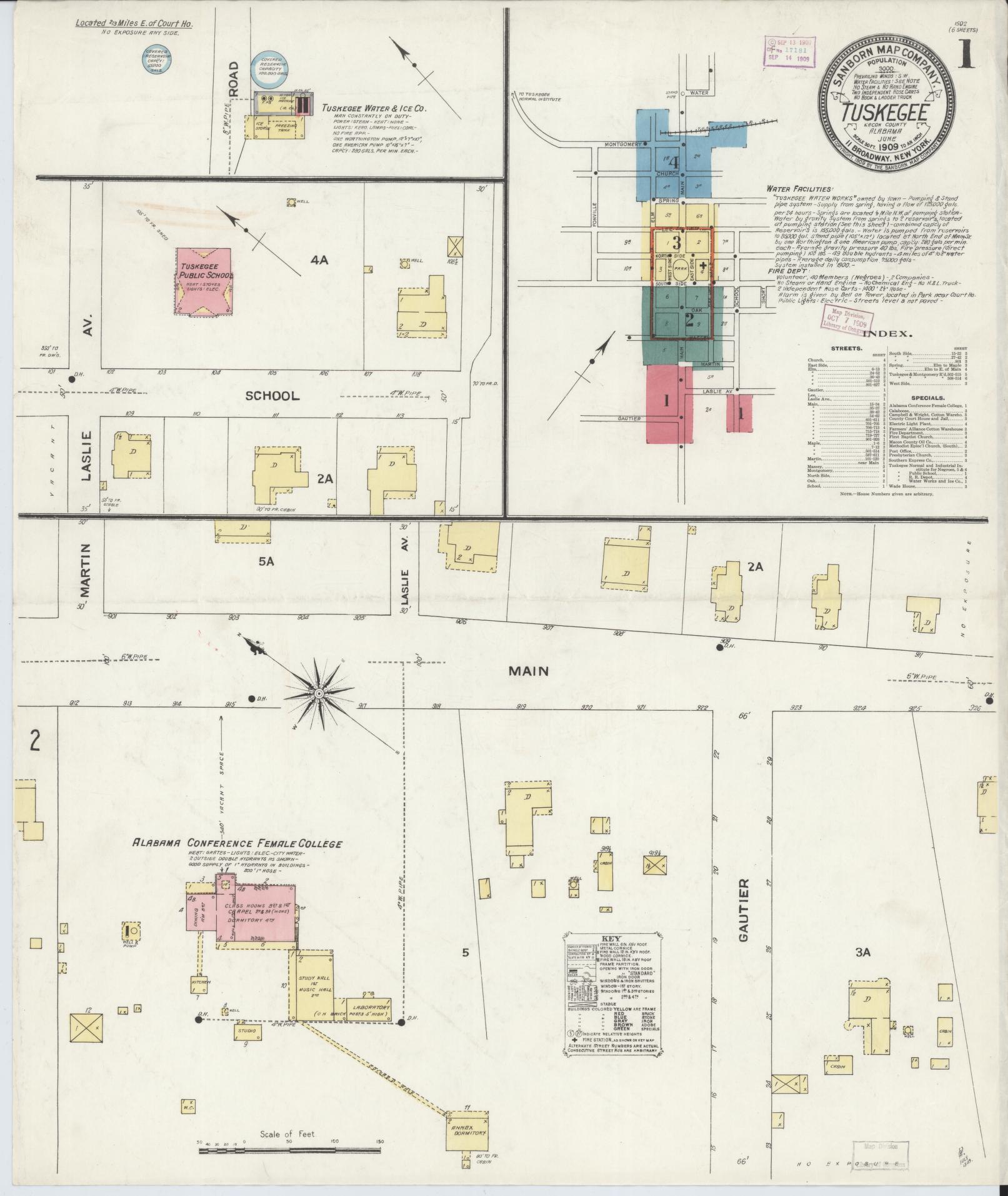 Sanborn Fire Insurance Map from Tuskegee, Macon County, Alabama (1909), Sheet #0001 - Historic Sanborn Fire Insurance Map Print, vintage old map wall art, antique decor, genealogy gift, Alabama Alabama map
