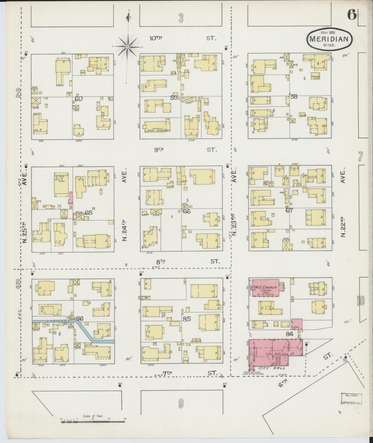 Sanborn Fire Insurance Map from Meridian, Lauderdale County, Mississippi (1893), Sheet #0006 - Historic Sanborn Fire Insurance Map Print, vintage old map wall art, antique decor, genealogy gift, Mississippi Mississippi map
