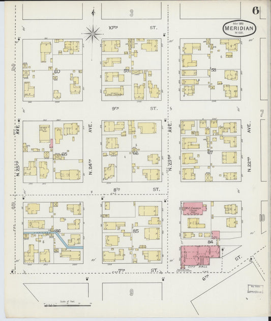 Sanborn Fire Insurance Map from Meridian, Lauderdale County, Mississippi (1893), Sheet #0006 - Historic Sanborn Fire Insurance Map Print, vintage old map wall art, antique decor, genealogy gift, Mississippi Mississippi map