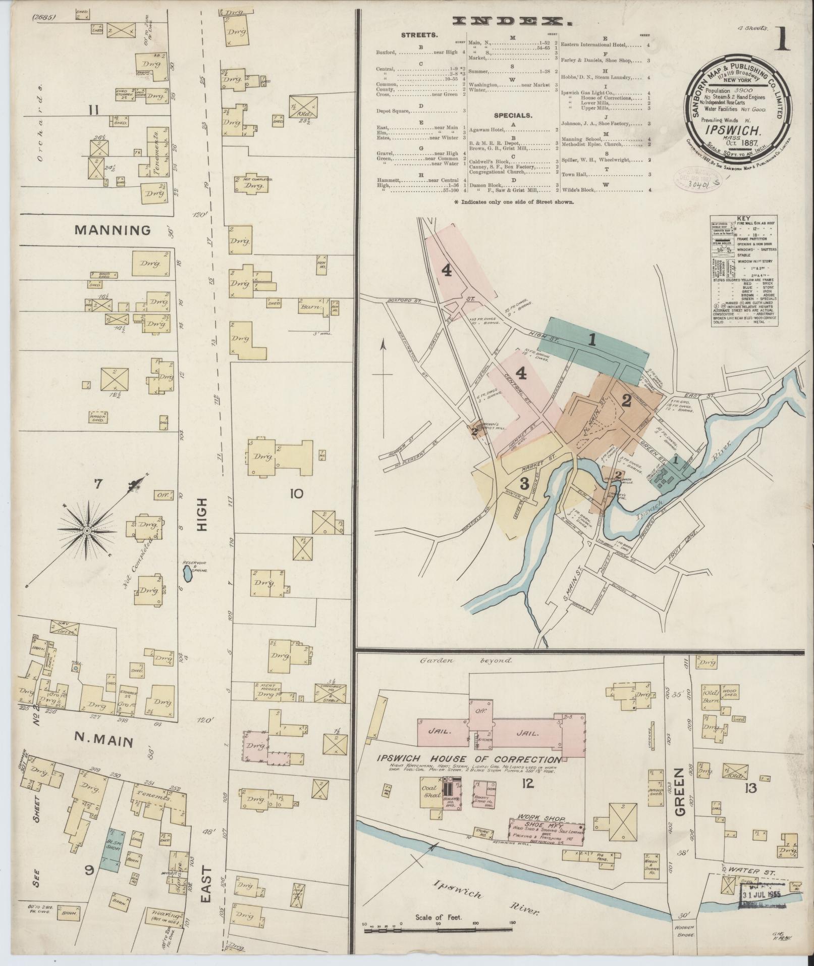 Sanborn Fire Insurance Map from Ipswich, Essex County, Massachusetts (1887), Sheet #0001 - Historic Sanborn Fire Insurance Map Print, vintage old map wall art, antique decor, genealogy gift, Massachusetts Massachusetts map