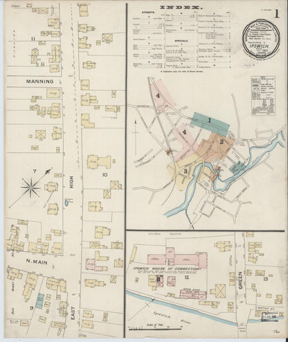 Sanborn Fire Insurance Map from Ipswich, Essex County, Massachusetts (1887), Sheet #0001 - Historic Sanborn Fire Insurance Map Print, vintage old map wall art, antique decor, genealogy gift, Massachusetts Massachusetts map