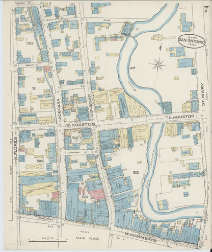 Sanborn Fire Insurance Map from San Antonio, Bexar County, Texas (1885), Sheet #0007 - Complete Map Set gallery image, historic Sanborn map, vintage wall art, Texas Texas