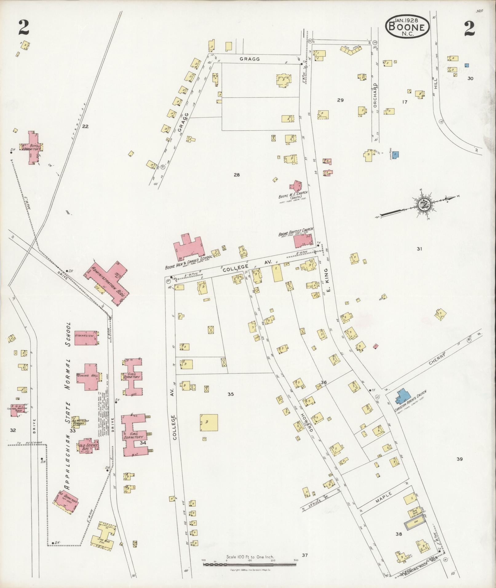 Sanborn Fire Insurance Map from Boone, Watauga County, North Carolina (1928), Sheet #0002 - Historic Sanborn Fire Insurance Map Print, vintage old map wall art, antique decor, genealogy gift, North Carolina North Carolina map
