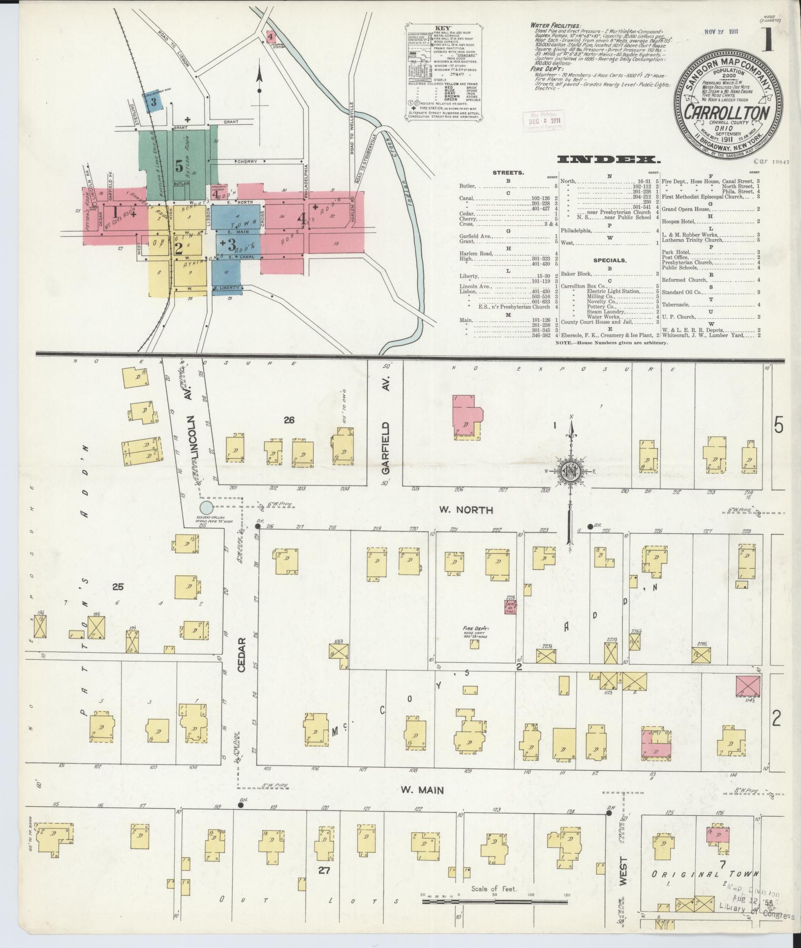 Sanborn Fire Insurance Map from Carrollton, Carroll County, Ohio (1911), Sheet #0001 - Historic Sanborn Fire Insurance Map Print, vintage old map wall art, antique decor, genealogy gift, Ohio Ohio map