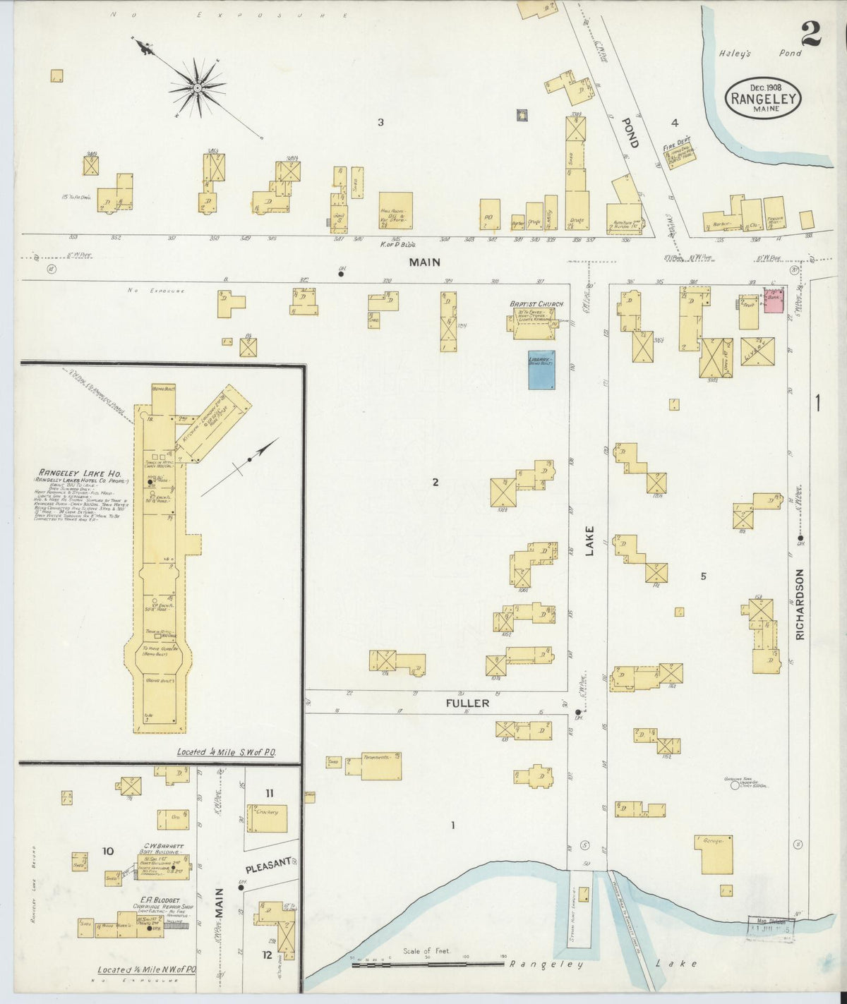 Sanborn Fire Insurance Map from Rangeley, Franklin County, Maine (1908), Sheet #0002 - Historic Sanborn Fire Insurance Map Print, vintage old map wall art, antique decor, genealogy gift, Maine Maine map