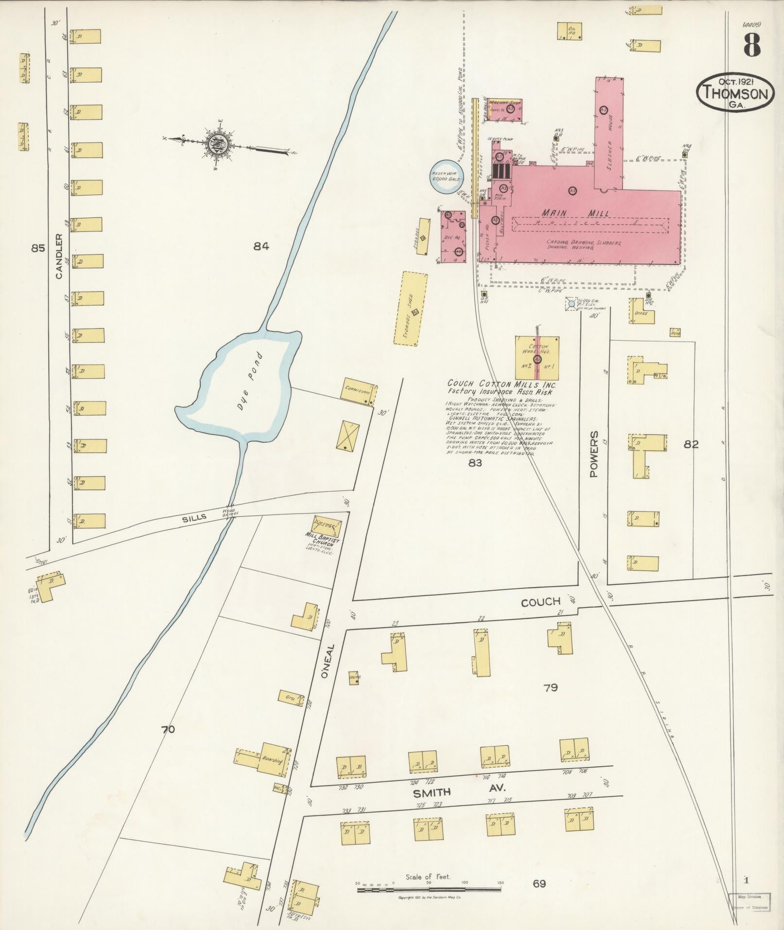 Sanborn Fire Insurance Map from Thomson, McDuffie County, Georgia (1921), Sheet #0008 - Historic Sanborn Fire Insurance Map Print, vintage old map wall art, antique decor, genealogy gift, Georgia Georgia map