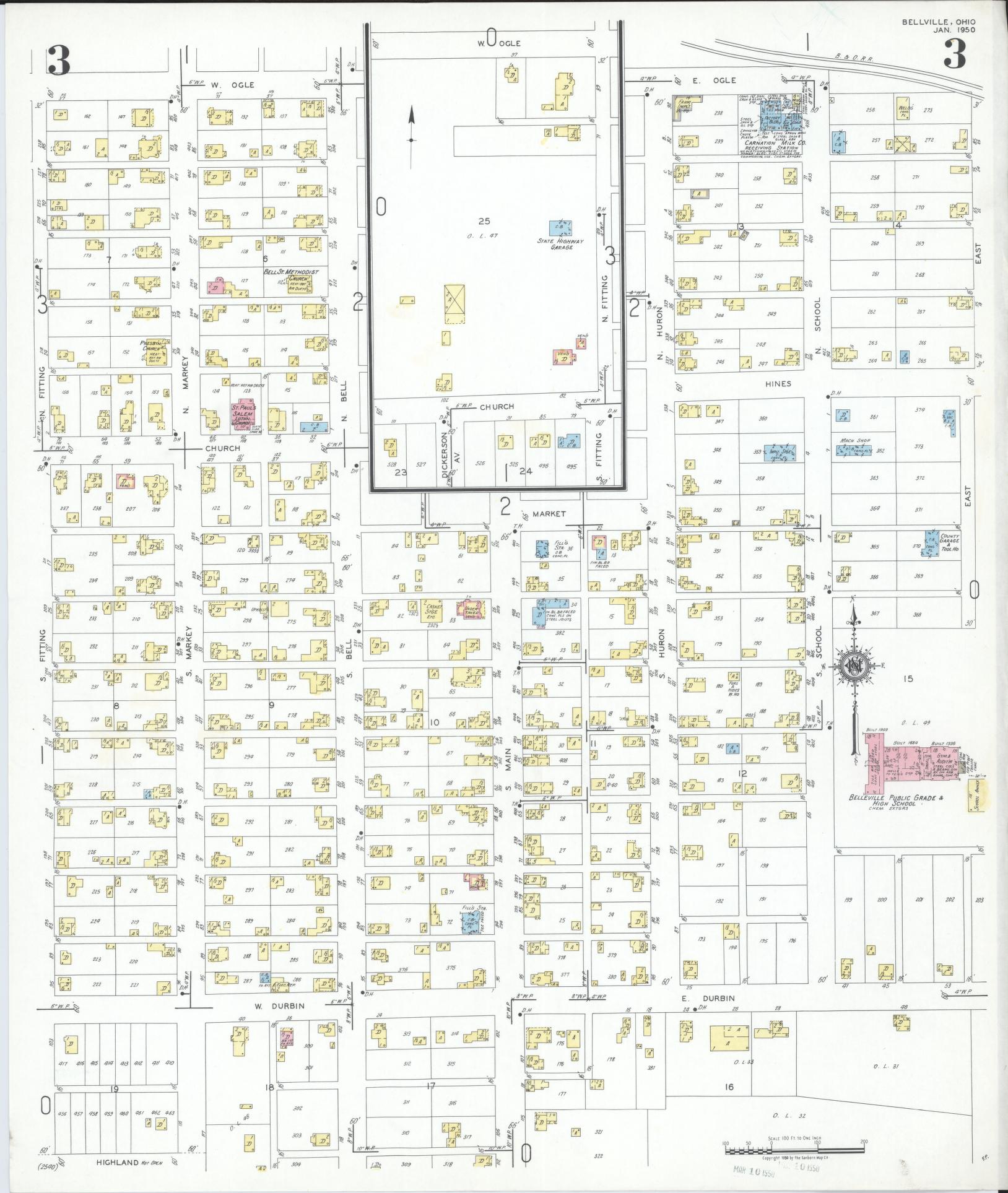 Sanborn Fire Insurance Map from Bellville, Richland County, Ohio (1950), Sheet #0003 - Complete Map Set gallery image, historic Sanborn map, vintage wall art, Ohio Ohio