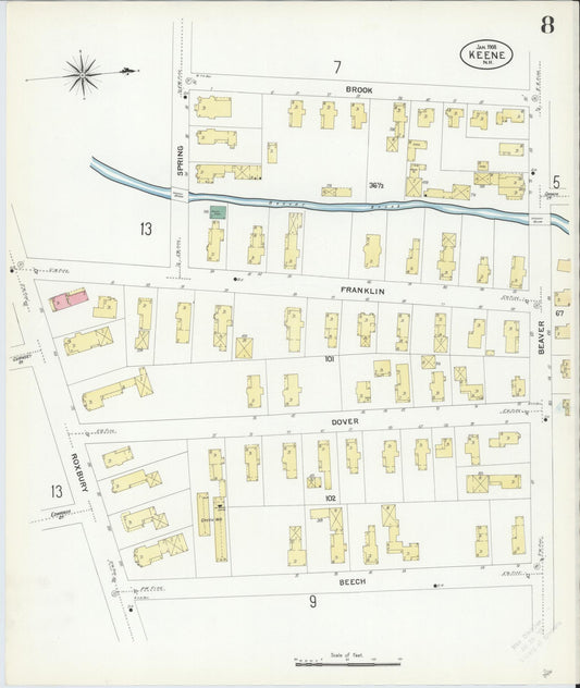 Sanborn Fire Insurance Map from Keene, Cheshire County, New Hampshire (1908), Sheet #0008 - Historic Sanborn Fire Insurance Map Print, vintage old map wall art, antique decor, genealogy gift, New Hampshire New Hampshire map