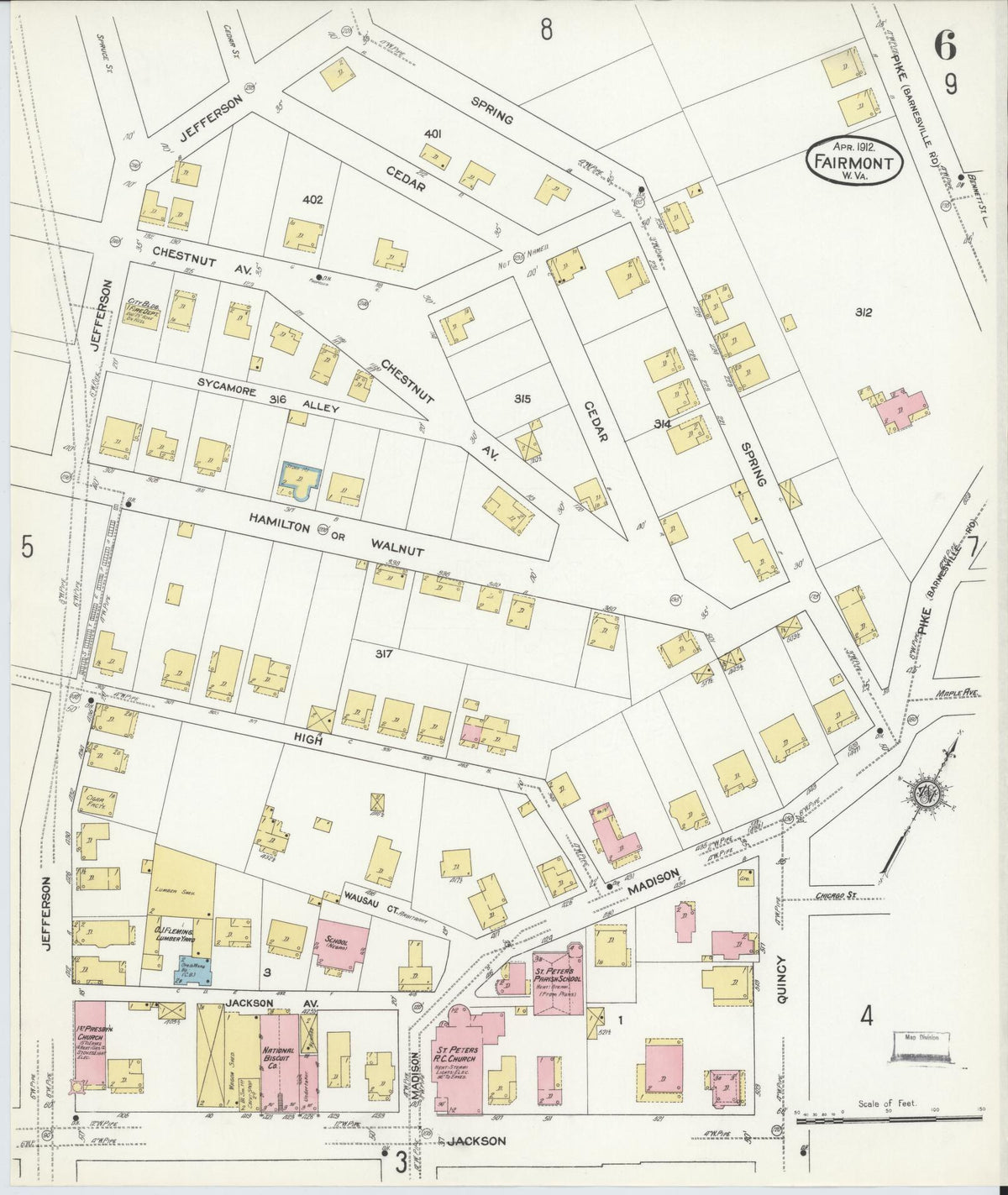 Sanborn Fire Insurance Map from Fairmont, Marion County, West Virginia (1912), Sheet #0006 - Historic Sanborn Fire Insurance Map Print, vintage old map wall art, antique decor, genealogy gift, West Virginia West Virginia map