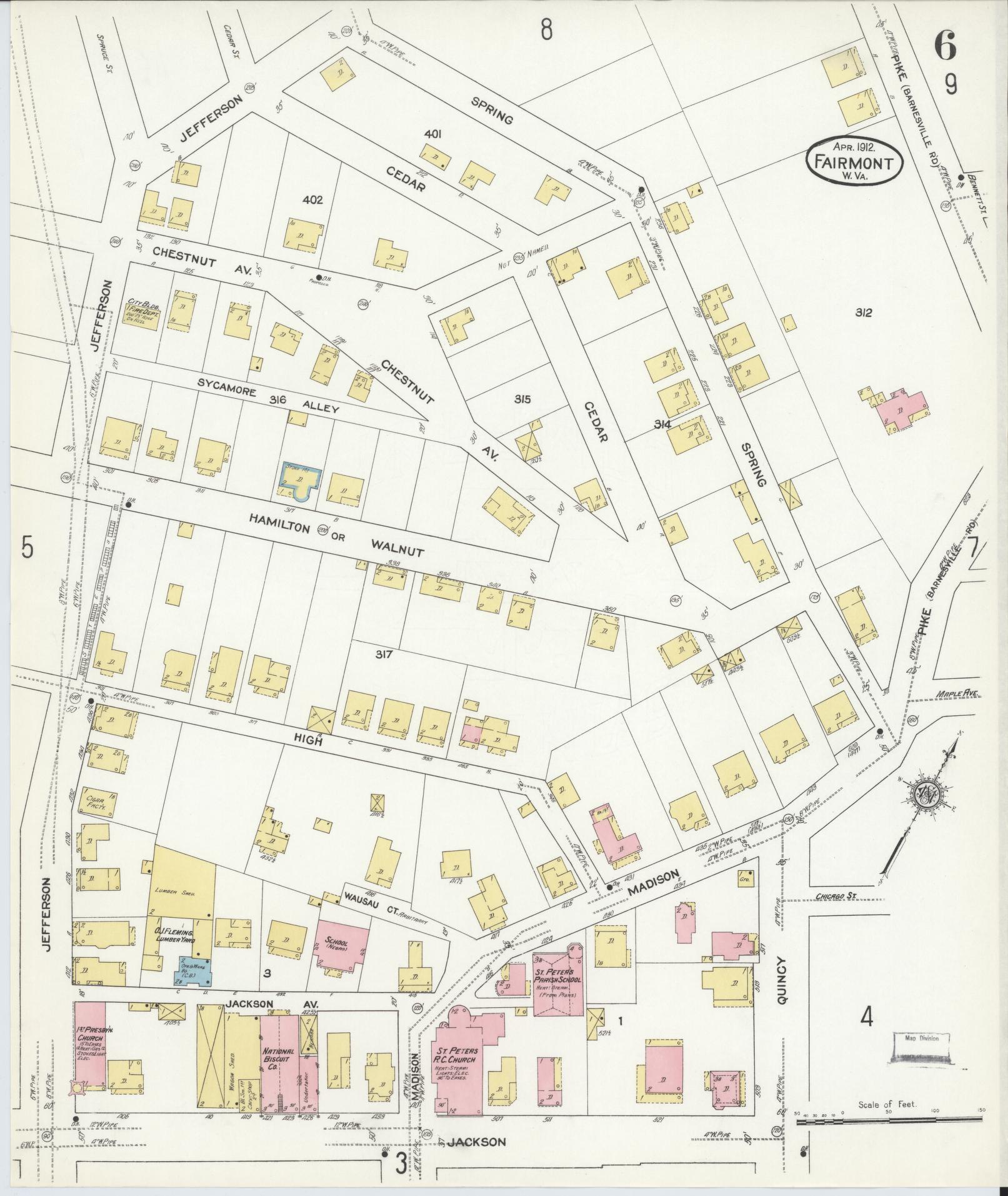 Sanborn Fire Insurance Map from Fairmont, Marion County, West Virginia (1912), Sheet #0006 - Historic Sanborn Fire Insurance Map Print, vintage old map wall art, antique decor, genealogy gift, West Virginia West Virginia map