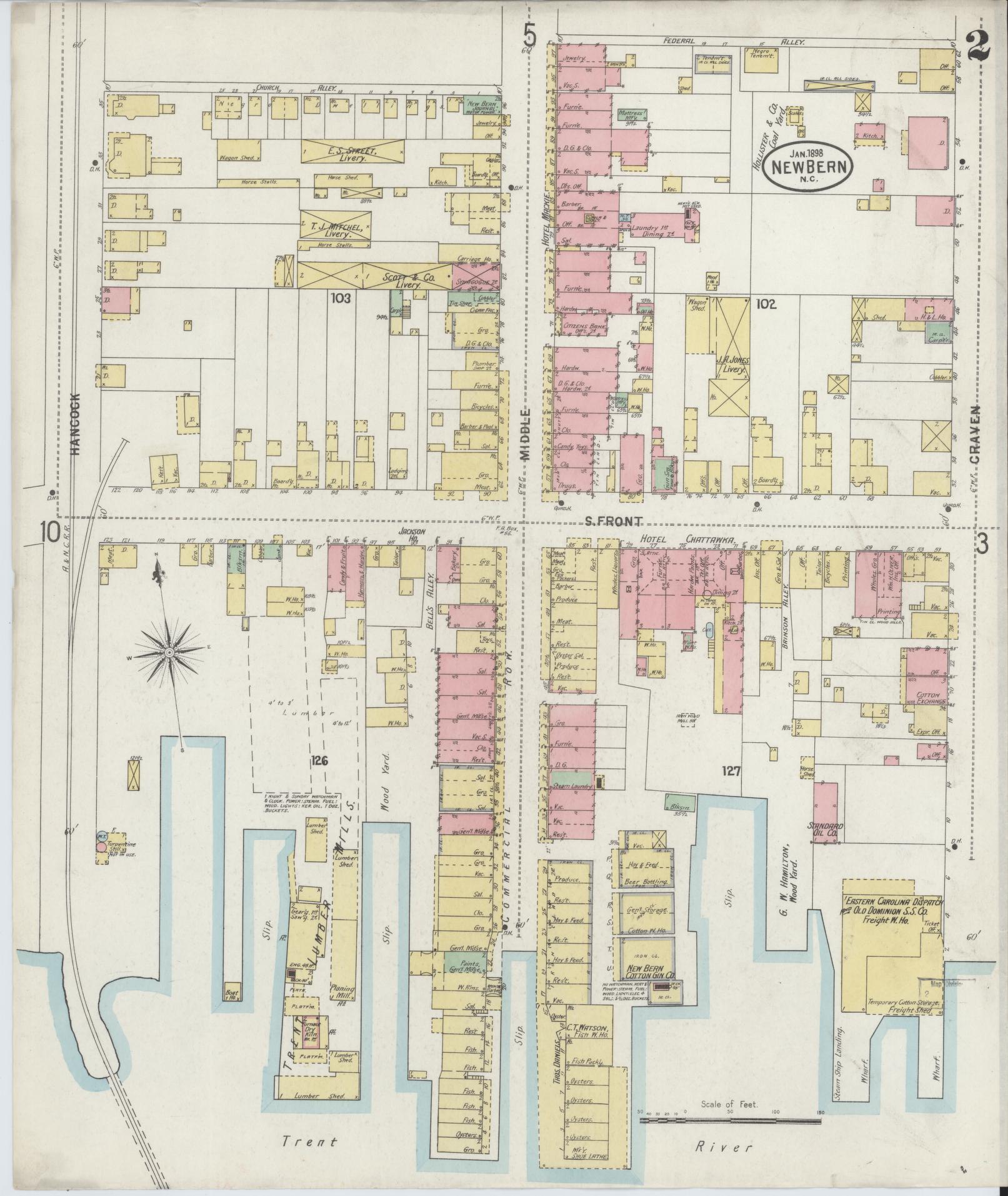 Sanborn Fire Insurance Map from New Bern, Craven County, North Carolina (1898), Sheet #0002 - Complete Map Set gallery image, historic Sanborn map, vintage wall art, North Carolina North Carolina