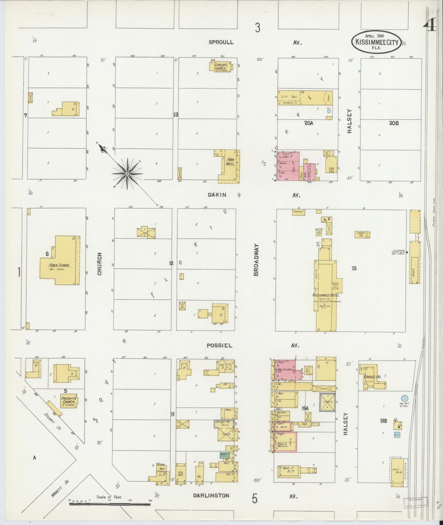 Sanborn Fire Insurance Map from Kissimmee, Osceola County, Florida (1904), Sheet #0004 - Historic Sanborn Fire Insurance Map Print, vintage old map wall art, antique decor, genealogy gift, Florida Florida map