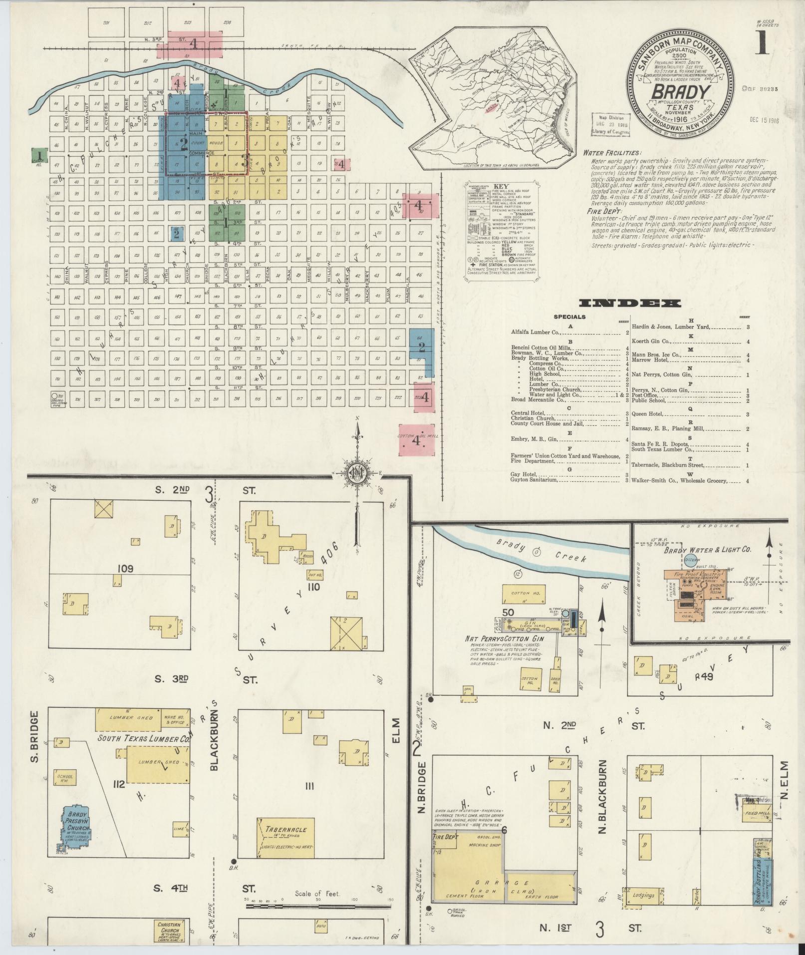 Sanborn Fire Insurance Map from Brady, McCulloch County, Texas (1916), Sheet #0001 - Historic Sanborn Fire Insurance Map Print, vintage old map wall art, antique decor, genealogy gift, Texas Texas map