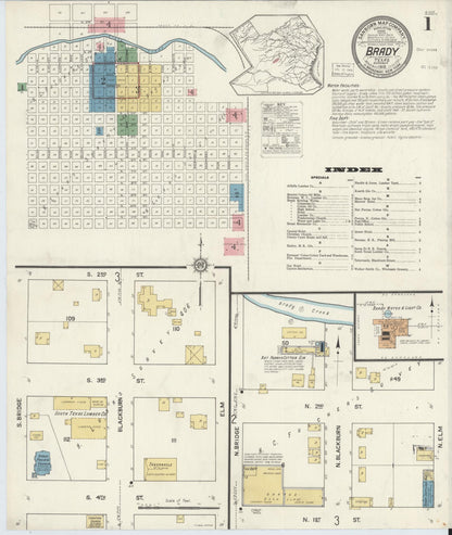 Sanborn Fire Insurance Map from Brady, McCulloch County, Texas (1916), Sheet #0001 - Historic Sanborn Fire Insurance Map Print, vintage old map wall art, antique decor, genealogy gift, Texas Texas map