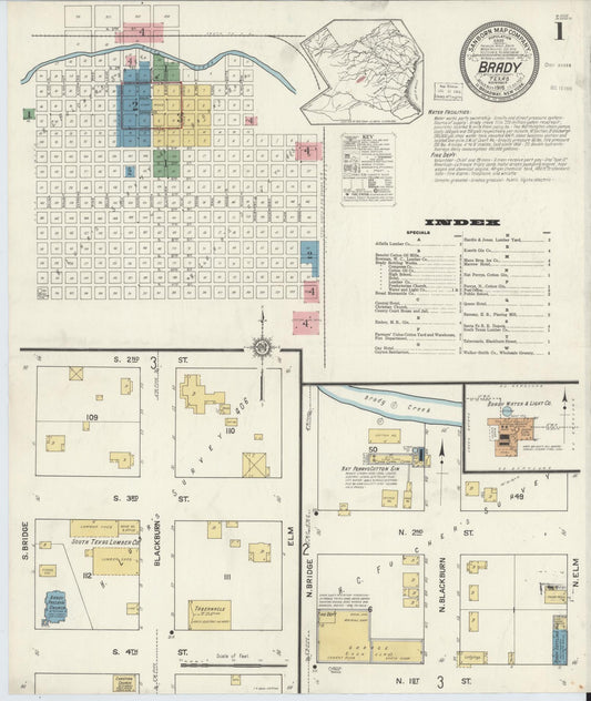 Sanborn Fire Insurance Map from Brady, McCulloch County, Texas (1916), Sheet #0001 - Historic Sanborn Fire Insurance Map Print, vintage old map wall art, antique decor, genealogy gift, Texas Texas map