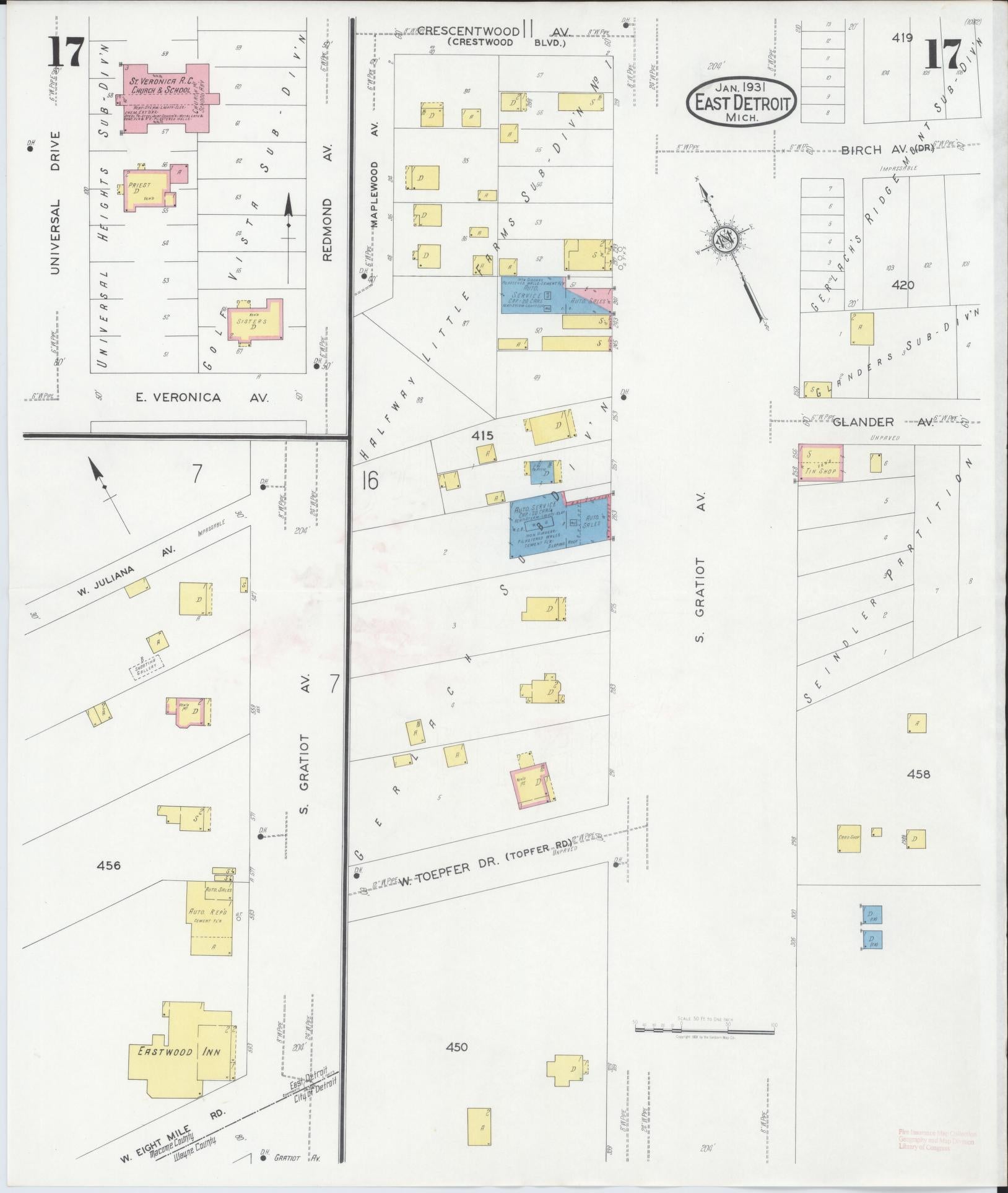 Sanborn Fire Insurance Map from East Detroit, Macomb County, Michigan (1931), Sheet #0017 - Historic Sanborn Fire Insurance Map Print, vintage old map wall art, antique decor, genealogy gift, Michigan Michigan map