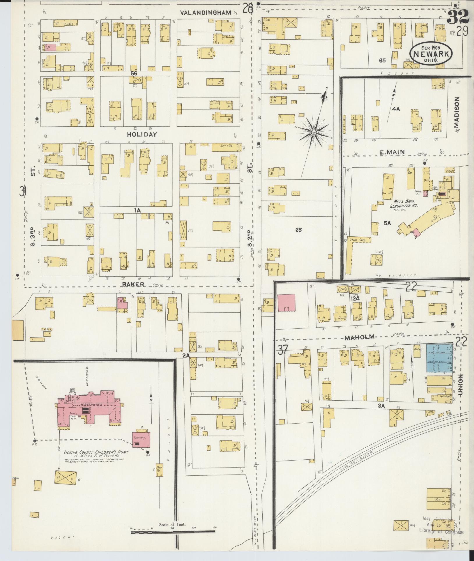 Sanborn Fire Insurance Map from Newark, Licking County, Ohio (1905), Sheet #0032 - Historic Sanborn Fire Insurance Map Print, vintage old map wall art, antique decor, genealogy gift, Ohio Ohio map