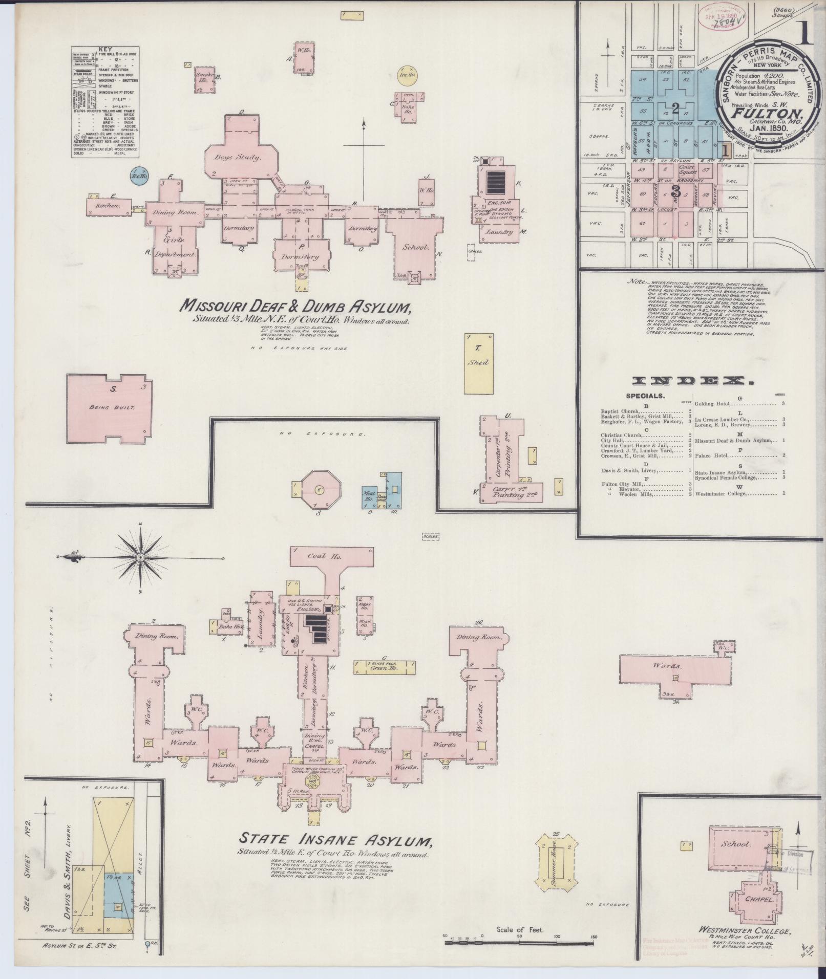 Sanborn Fire Insurance Map from Fulton, Callaway County, Missouri (1890), Sheet #0001 - Complete Map Set gallery image, historic Sanborn map, vintage wall art, Missouri Missouri