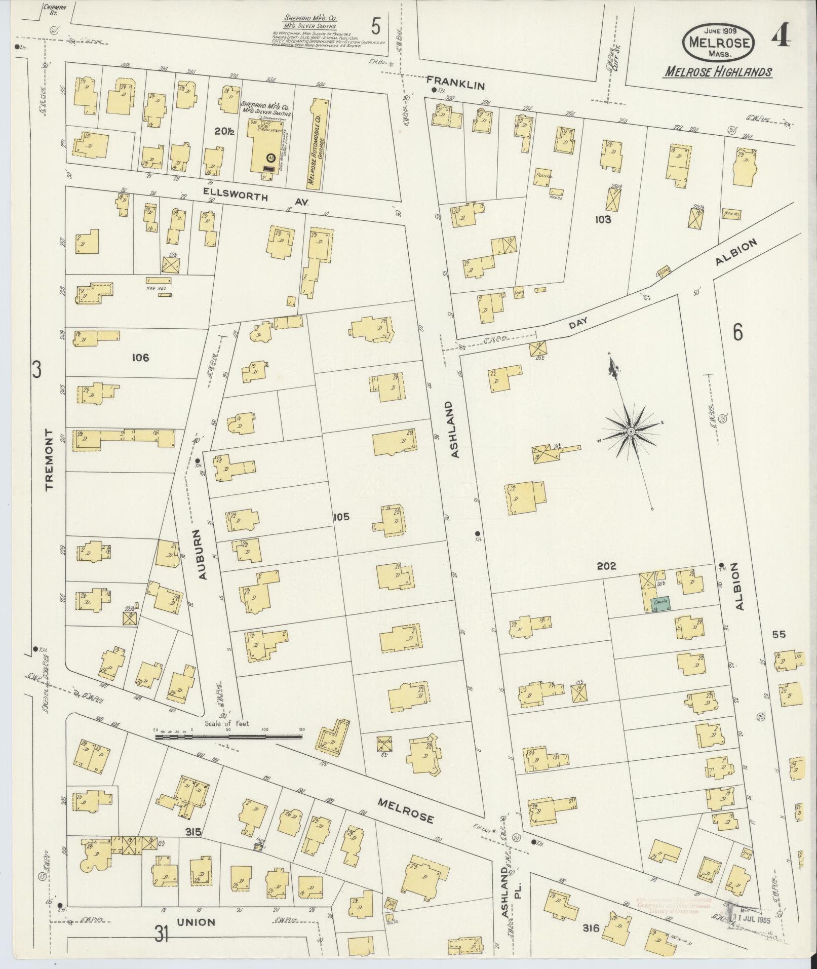 Sanborn Fire Insurance Map from Melrose, Middlesex County, Massachusetts (1909), Sheet #0004 - Complete Map Set gallery image, historic Sanborn map, vintage wall art, Massachusetts Massachusetts