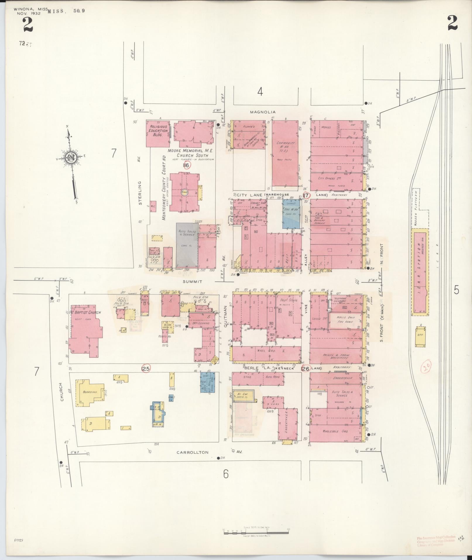 Sanborn Fire Insurance Map from Winona, Montgomery County, Mississippi (1940), Sheet #0002 - Historic Sanborn Fire Insurance Map Print, vintage old map wall art, antique decor, genealogy gift, Mississippi Mississippi map