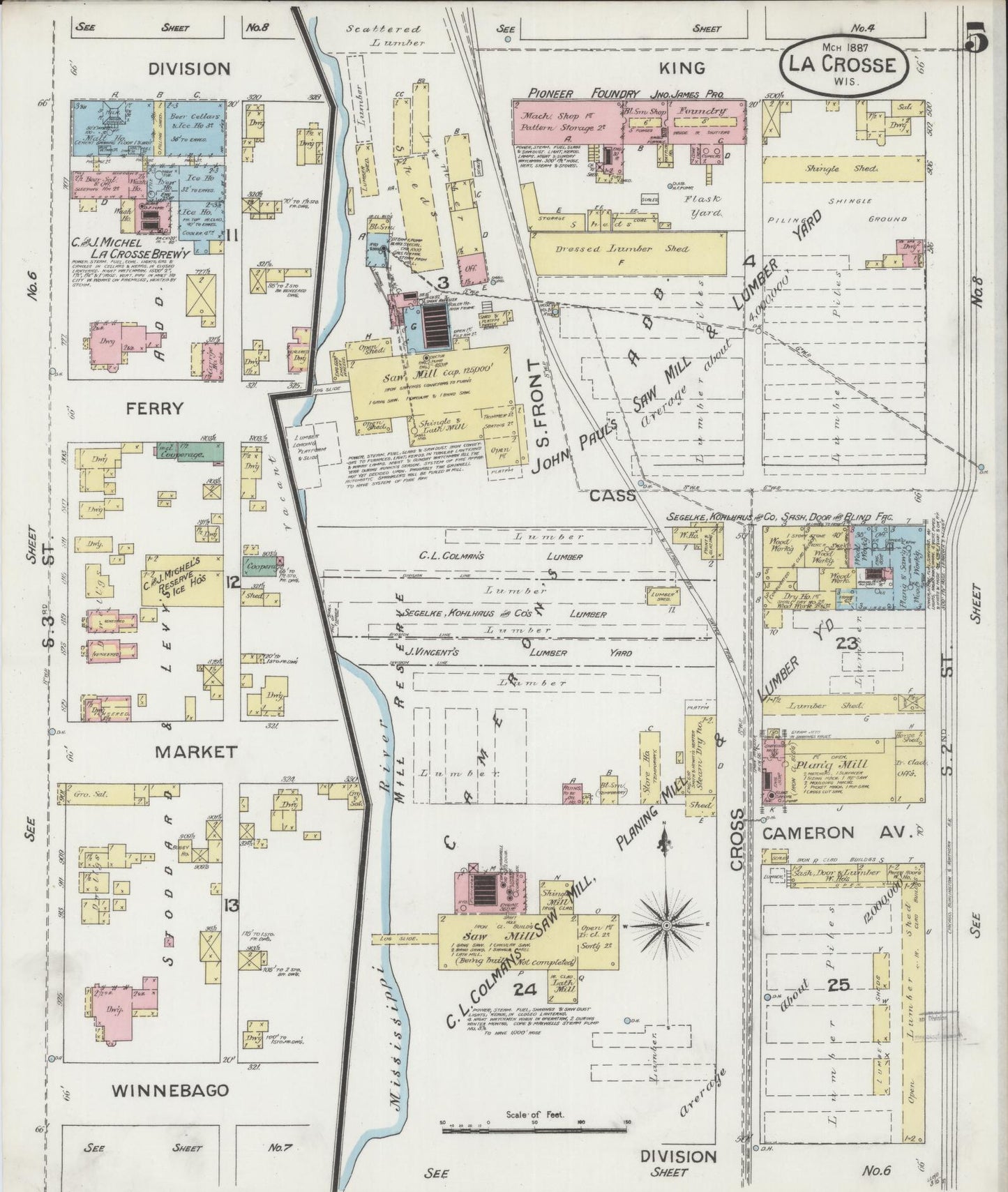Sanborn Fire Insurance Map from La Crosse, La Crosse County, Wisconsin (1887), Sheet #0005 - Historic Sanborn Fire Insurance Map Print, vintage old map wall art, antique decor, genealogy gift, Wisconsin Wisconsin map