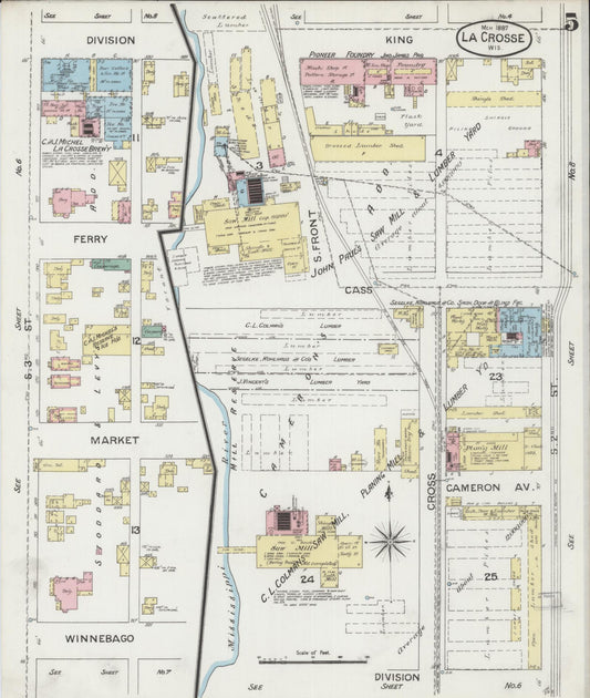 Sanborn Fire Insurance Map from La Crosse, La Crosse County, Wisconsin (1887), Sheet #0005 - Historic Sanborn Fire Insurance Map Print, vintage old map wall art, antique decor, genealogy gift, Wisconsin Wisconsin map