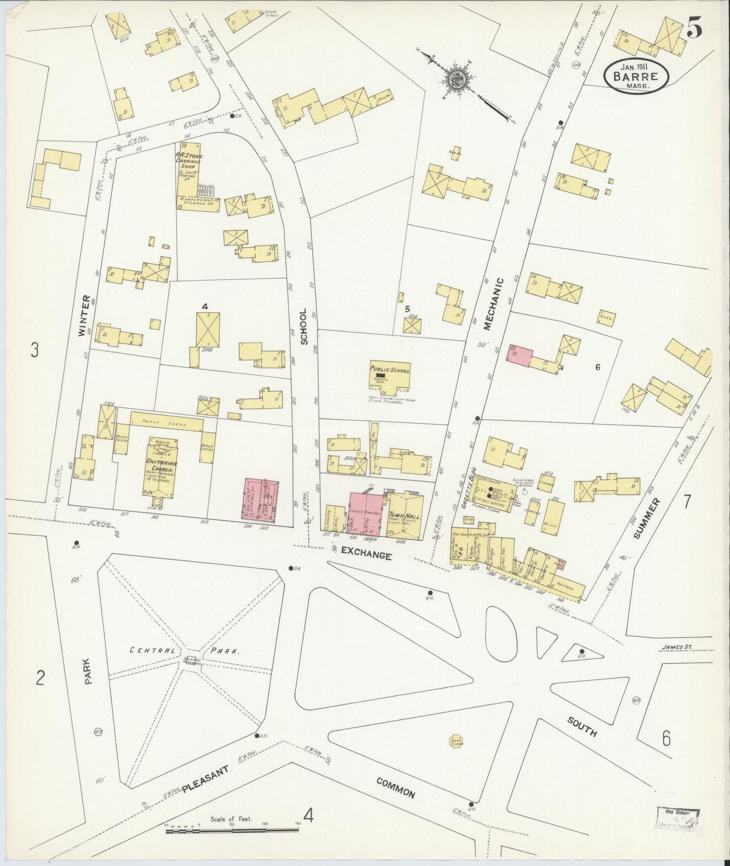 Sanborn Fire Insurance Map from Barre, Worcester County, Massachusetts (1911), Sheet #0005 - Historic Sanborn Fire Insurance Map Print, vintage old map wall art, antique decor, genealogy gift, Massachusetts Massachusetts map
