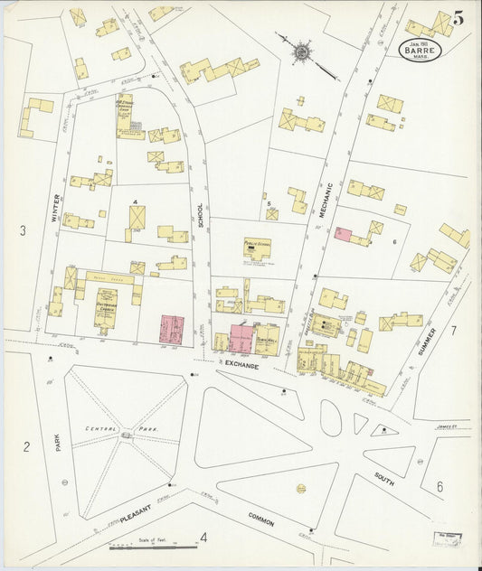 Sanborn Fire Insurance Map from Barre, Worcester County, Massachusetts (1911), Sheet #0005 - Historic Sanborn Fire Insurance Map Print, vintage old map wall art, antique decor, genealogy gift, Massachusetts Massachusetts map
